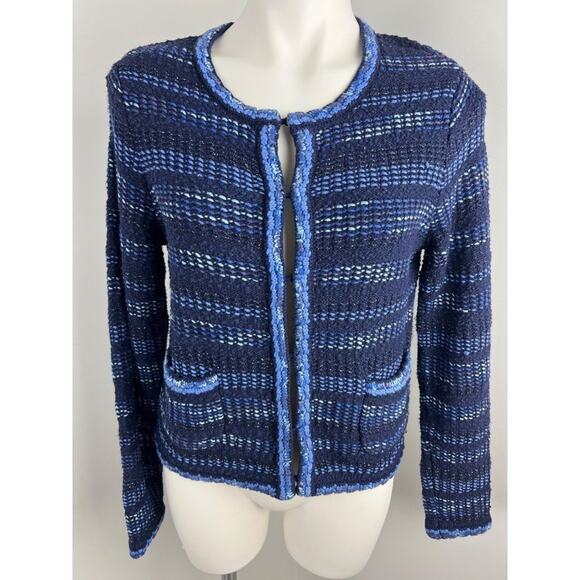 Chico's Blue Tweed Stripe Cotton Ramie Blend Cardigan Medium Preppy Old Money - Picture 1 of 6